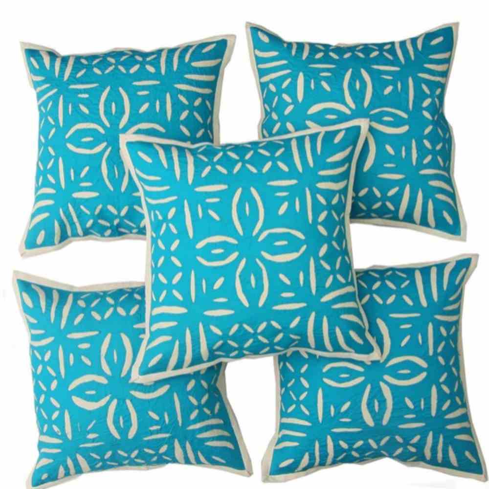 5 handcrafted applique cushion covers of size 16 x 16 inch - Sky Blue